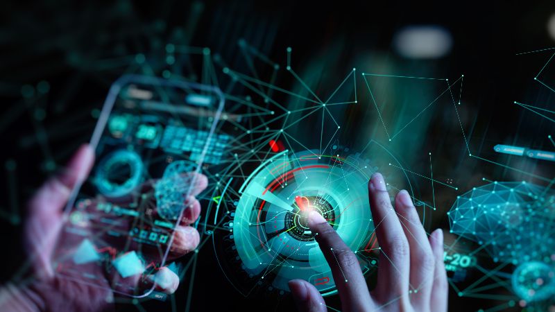 Hand berührt ein digitales Telekommunikationsnetz mit Symbolen für 5G/LTE, mobiles Internet und globale Datenverbindungen in den Bereichen Business, Fintech und Blockchain.