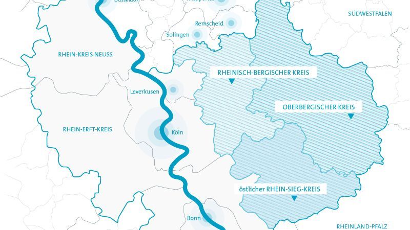 Landkarte mit Ausschnitt des geförderten Kreise im Bergischen Rheinland