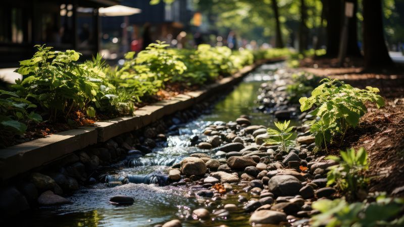 begrünter Wasserkanal, der entlang einer Allee durch eine Stadt verläuft
