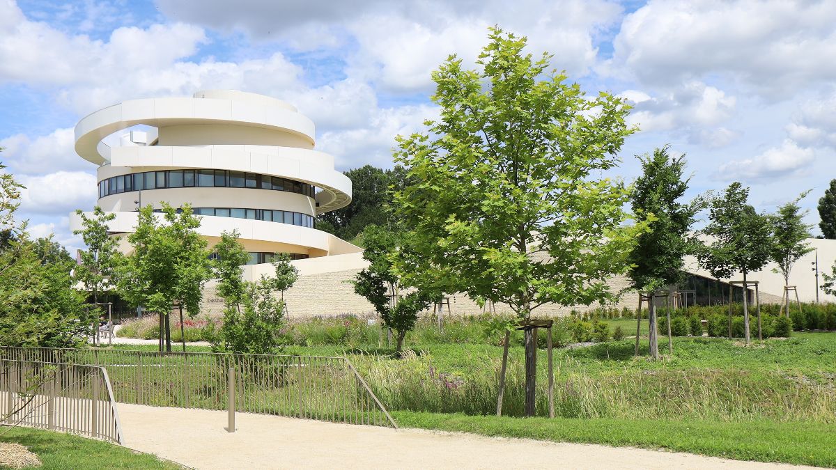  Fußweg, durch einen Park, der an einem Gebäude entlangführt.
