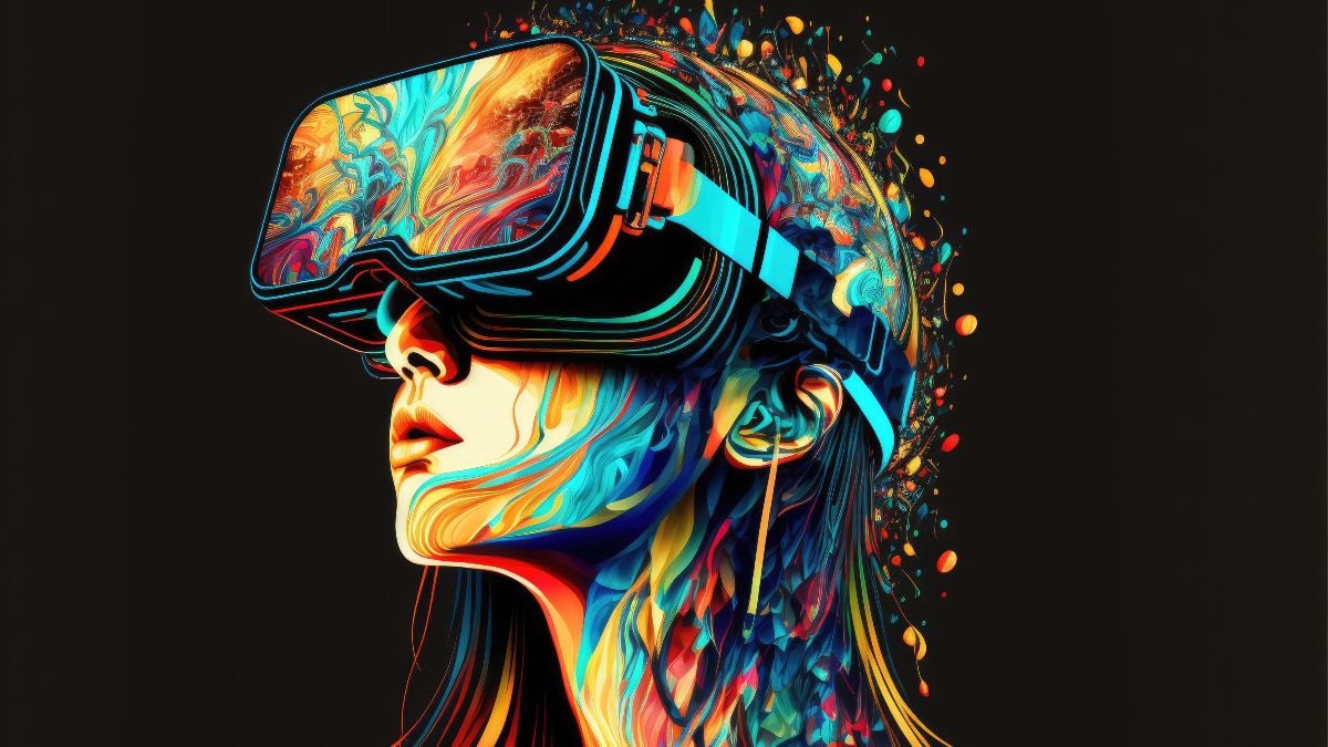 grafische Darstellung eines Frauenkopfes mit VR-Brille vor schwarzem Grund