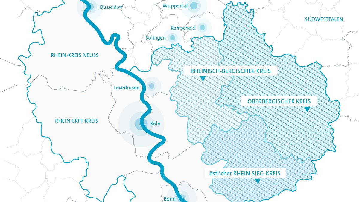 Landkarte mit Ausschnitt des geförderten Kreise im Bergischen Rheinland