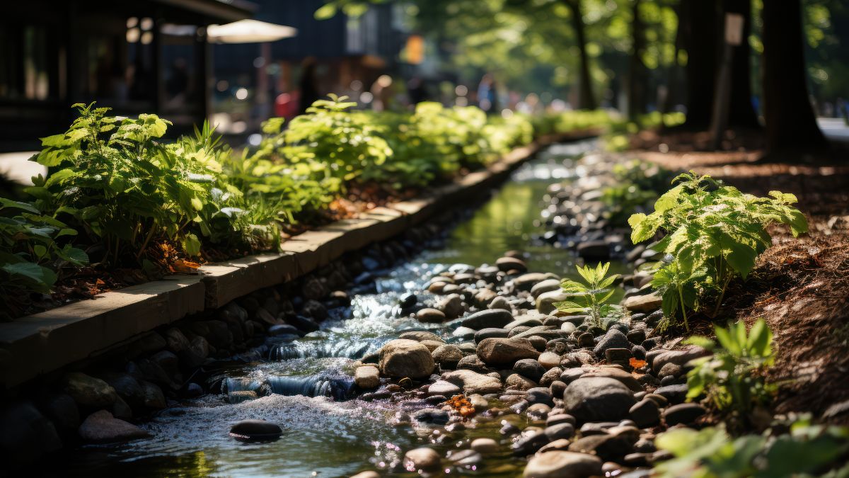 begrünter Wasserkanal, der entlang einer Allee durch eine Stadt verläuft.