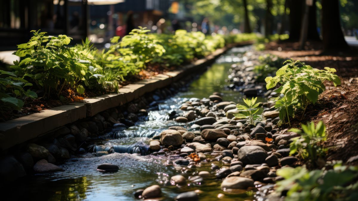 begrünter Wasserkanal, der entlang einer Allee durch eine Stadt verläuft.