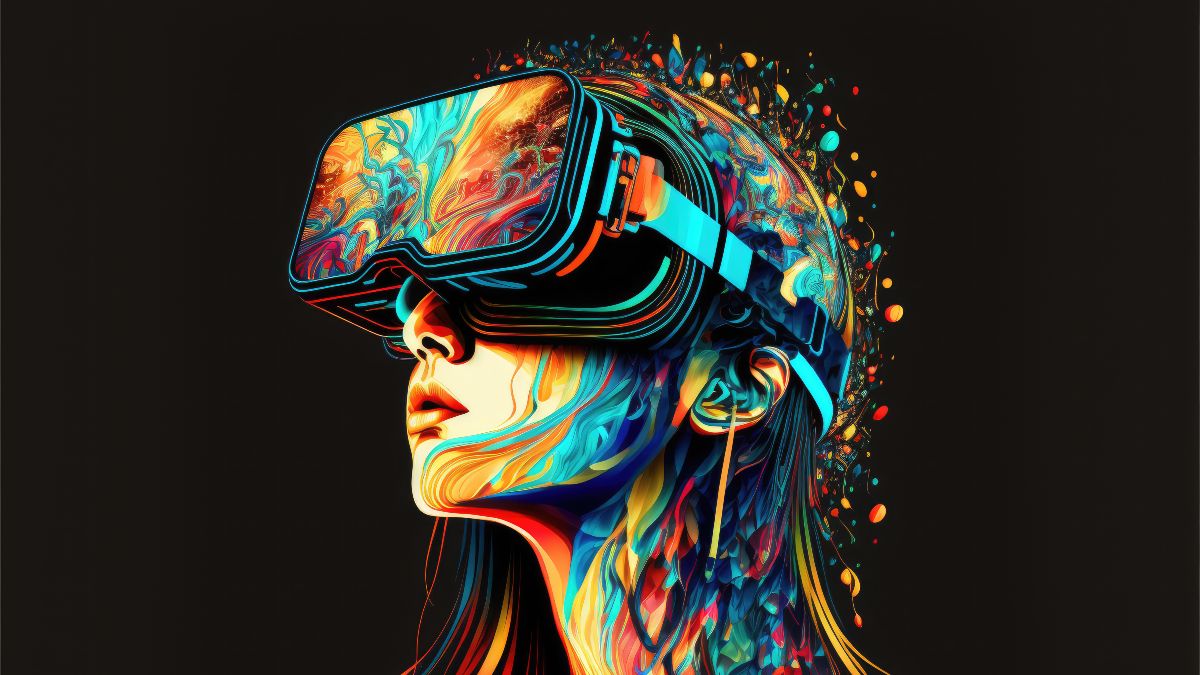 grafische Darstellung eines Frauenkopfes mit VR-Brille vor schwarzem Grund