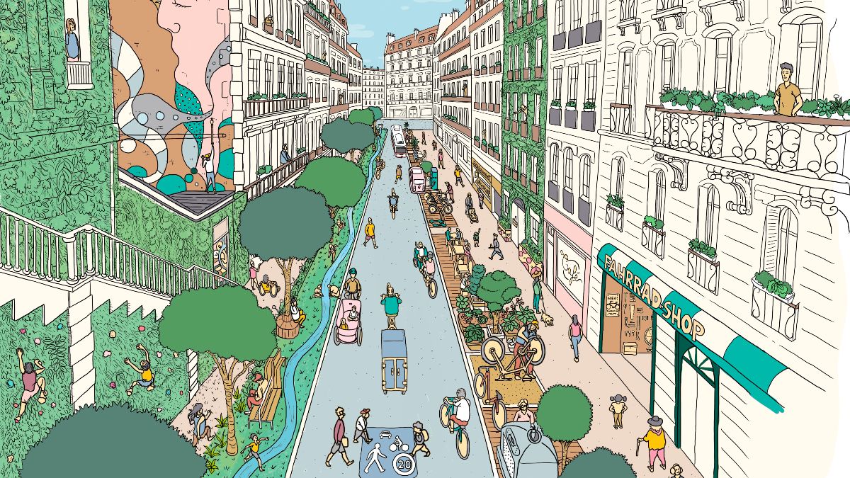 Gezeichnetes Wimmelbild einer verkehrsberuhigten Straße