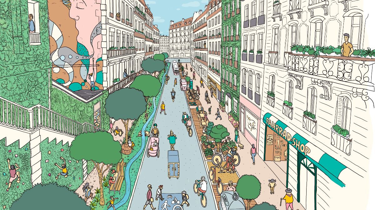 Gezeichnetes Wimmelbild einer verkehrsberuhigten Straße