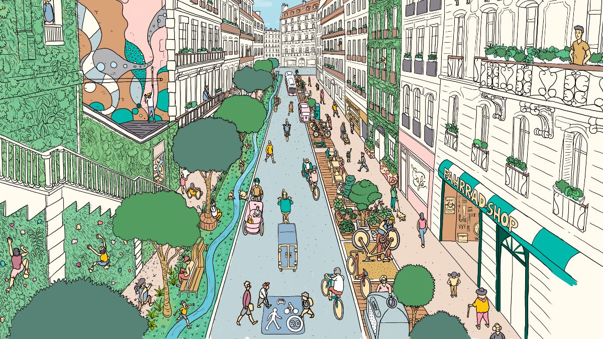 Gezeichnetes Wimmelbild einer verkehrsberuhigten Straße