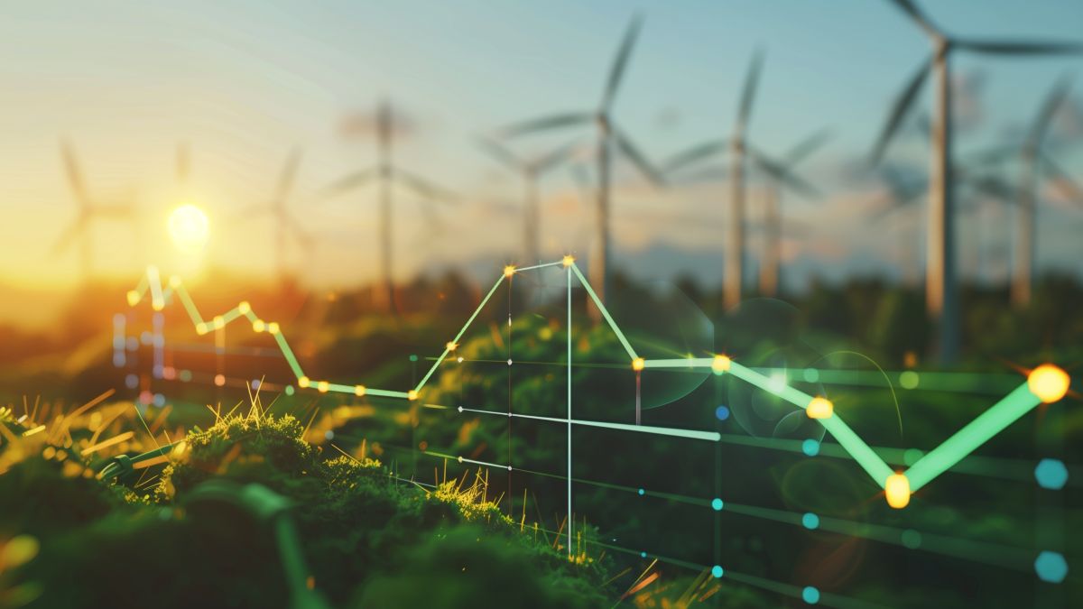 eine Reihe Windräder vor einem stilisierten Graph