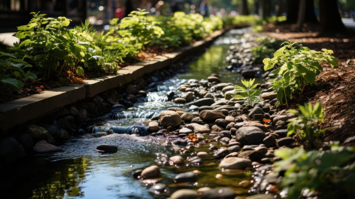 Bachlauf mit Pflanzen und Steinen 