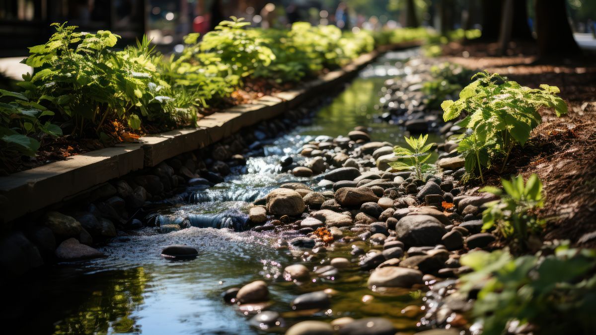 begrünter Wasserkanal, der entlang einer Allee durch eine Stadt verläuft.