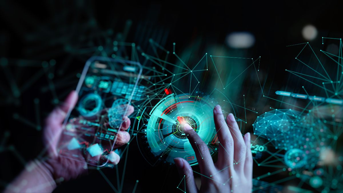 Hand berührt ein digitales Telekommunikationsnetz mit Symbolen für 5G/LTE, mobiles Internet und globale Datenverbindungen in den Bereichen Business, Fintech und Blockchain.